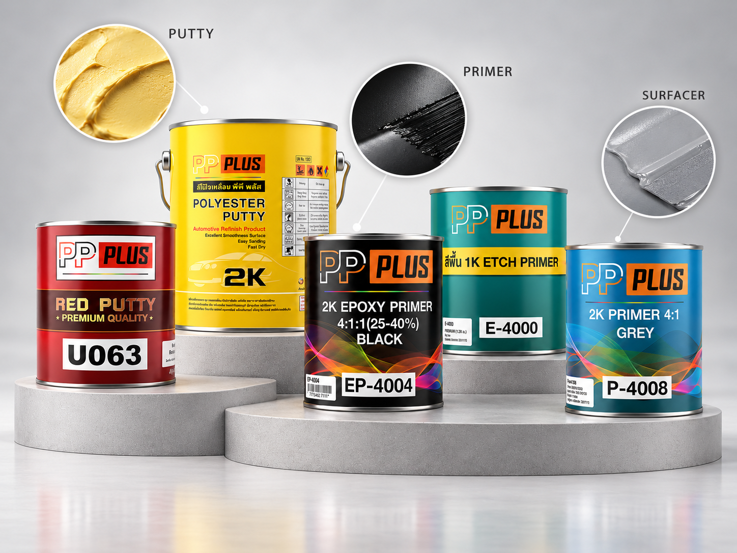 PP PLUS ผลิตโดยบริษัท พี คัลเลอร์ จำกัด ผู้ผลิตสีเตรียมพื้นผิว (Surface Preparation) ได้แก่ สีโป๊ว (Putty) สีรองพื้นยึดเกาะสำหรับเหล็กและสแตนเลส (Primer) และสีพื้นกลบรอย (Surfacer) สำหรับเตรียมพื้นผิวก่อนทำสี